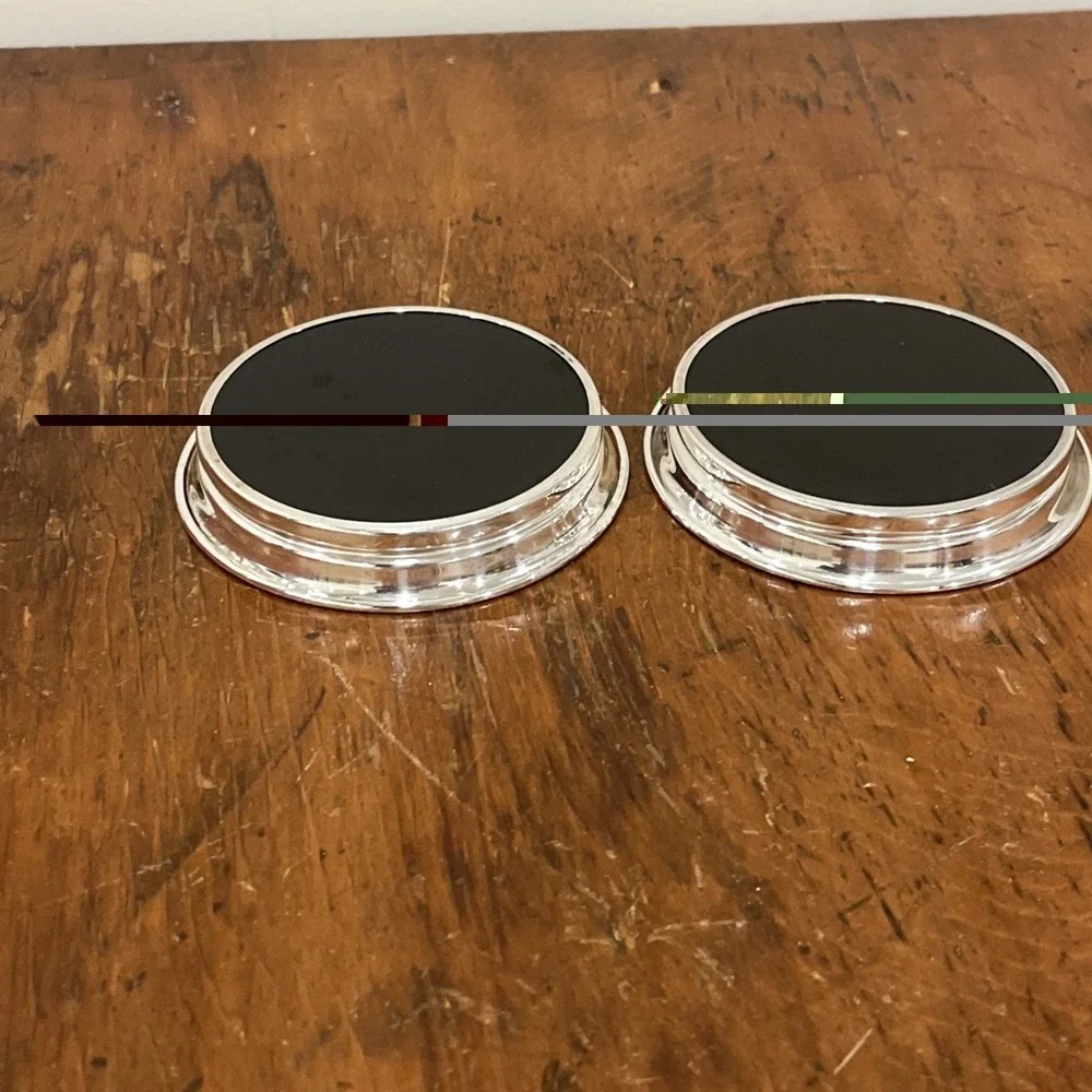2 Vintage Unmarked Sterling Silver Round Drink Coasters Black Formica Center 3.5